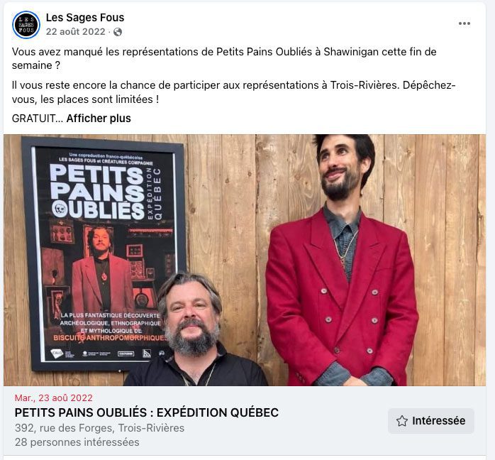 Petits pains oubliés : expédition Québec, publication Facebook Les Sages Fous